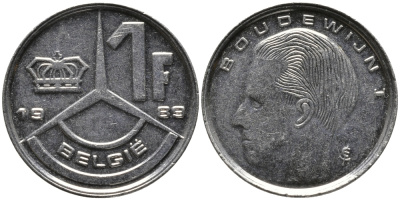 БЕЛЬГИЯ 1 ФРАНК 1989 BELGIE KM 171 сталь плакированная никелем 99-1238