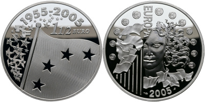 Франция 1 1/2 евро 2005 50 лет флагу объединенной Европы (1955-2005) KM 1434 серебро PROOF 1095-3-34