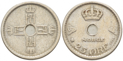 НОРВЕГИЯ 25 ЭРЕ 1924 ХОКОН VII (1905-1957) KM 384 медно-никель 3309-758