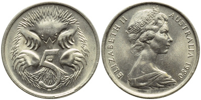 АВСТРАЛИЯ 5 ЦЕНТОВ 1980 ЕЛИЗАВЕТА II, МОЛОДОЙ ПОРТРЕТ, ЕХИДНА KM 64 медно-никель UNC 4392-1331