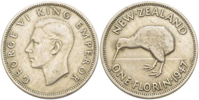 Новая Зеландия 1 флорин 1947 Георг VI (1937-1952), птичка киви KM 10.2а медно-никель 1517-1343