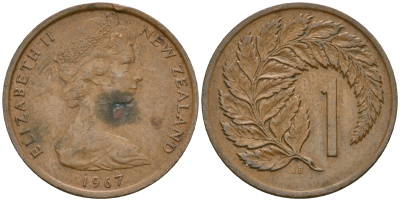 Новая Зеландия 1 цент 1967 Елизавета II (1952-2022), лист папоротника KM 31.1 бронза 4364-3663