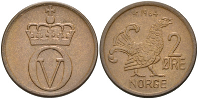 Норвегия 2 эре 1964 глухарь, Улаф V (1958-1991) KM 410 бронза UNC 4582-526