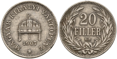 Венгрия 20 филлеров 1907 KB, Франц Иосиф I (1848-1916), редкий год KM 483 никель 4151-955