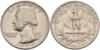 США 25 центов (квотер) 1974 Вашингтон KM 164a медь плакированная медно-никелем 4584-1036