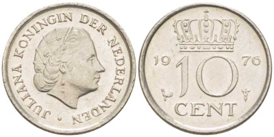 Нидерланды 10 центов 1976 Юлиана (1948-1980) КМ 182 никель 211-1223