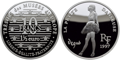 Франция 10 франков = 1 1/2 евро 1997 серия сокровища музеев Европы, танцовщица, Дега KM 1292 серебро PROOF 1076-9-64
