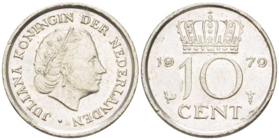 НИДЕРЛАНДЫ 10 ЦЕНТОВ 1979 ЮЛИАНА (1948-1980) KM 182 никель 211-1243