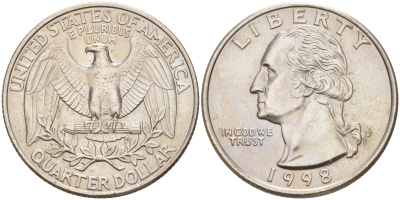 США 25 центов = квотер 1998 D, Вашингтон KM A164a медь плакированная медно-никелем 4114-944