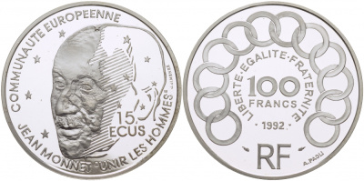 Франция 100 франков - 15 экю 1992 Жан Монне KM 1012 серебро  PROOF 1077-7-21