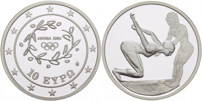Греция 10 евро 2003 XXVIII летние Олимпийские игры 2004 года в Афинах, плавание KM 200 серебро PROOF 01-171-15