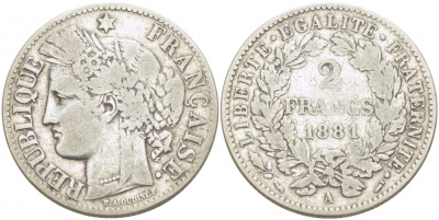 Франция 2 франка 1881 А, третья Республика KM 817.1 серебро 1515-511