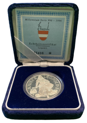 Австрия 100 шиллингов 1993 Леопольд I, в коробке, с сертификатом подлинности KM 3009 серебро PROOF 00-00