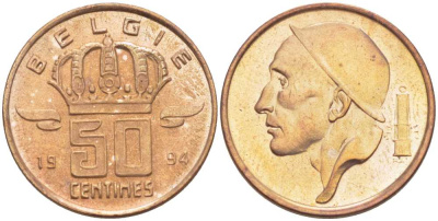 БЕЛЬГИЯ 50 САНТИМОВ 1994 BELGIE, БОДУЭН I (1951-1993) KM 149.1 бронза 214-664