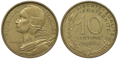 Франция 10 сантимов 1968 тип Marianne KM 929, Le Franc 144.8 медь алюминий никель 4128-154