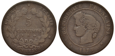 ФРАНЦИЯ 5 САНТИМОВ 1878 А, ТРЕТЬЯ РЕСПУБЛИКА (1871-1940) KM 821.1, LE FRANC 118.18 бронза 413-3235