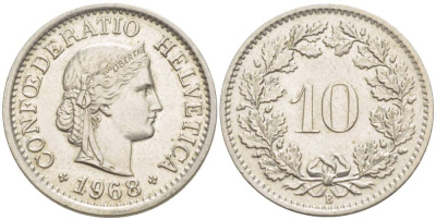 ШВЕЙЦАРИЯ 10 РАППЕНОВ 1968 В KM 27 медно-никель 4529-253