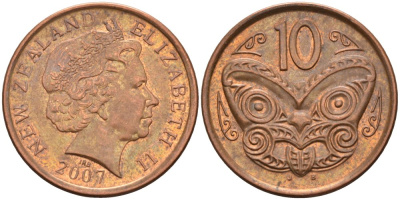 Новая Зеландия 10 центов 2007 маска Маори, Елизавета II (1952-) KM 117а сталь плакированная медью 4579-1253
