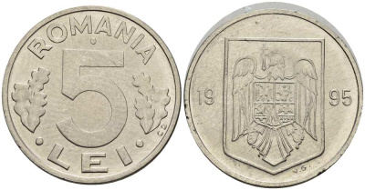 РУМЫНИЯ 5 ЛЕЙ 1995 KM 114 сталь плакированная никелем 4519-126