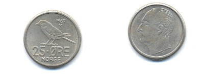 Норвегия 25 эре 1969 Улаф V (1958-1991), синица KM 407 медно-никель 4379-965