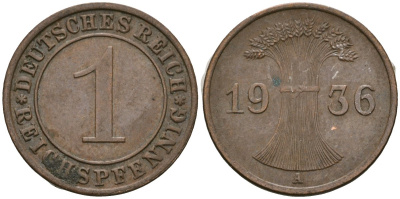 Германия 1 рейхспфенниг 1936 A KM 37, J. 313 бронза 4528-863