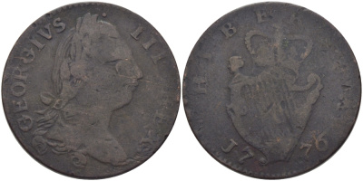 Ирландия 1/2 пенни 1776 Георг III, тип III, большая голова KM 140 медь    4680-913