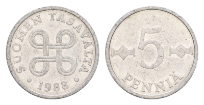 Финляндия 5 пенни 1988 KM 45a алюминий 4647-322