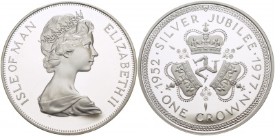 Остров Мэн 1 крона 1977 Серебряный юбилей правления королевы Елизаветы II, три короны КМ 41a серебро PROOF 1081-4-52