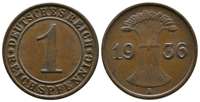 Германия 1 рейхспфенниг 1936 A KM 37, J. 313 бронза 220-137