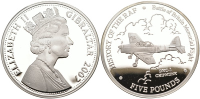 Гибралтар 5 фунтов 2007 серия история британской авиации, самолет DHC-1 KM NEW серебро PROOF 01-170-45