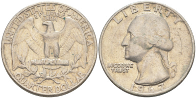 США 25 центов (квотер) 1967 Вашингтон KM 164a медь плакированная медно-никелем 4525-421