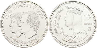 Испания 12 евро 2004 500 лет со дня смерти королевы Изабеллы I KM 1095 серебро UNC 02-251-14