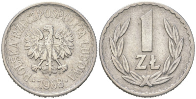 Польша 1 злотый 1968 MW, редкий год Y 49.1 алюминий 4591-846
