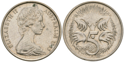 Австралия 5 центов 1983 Елизавета II (1952- ), ехидна KM 64 медно-никель 4608-824
