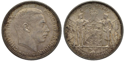 Дания 2 кроны 1930 N; AH, 60 лет королю Кристиану X (1870-1930) KM 829 серебро 69-426