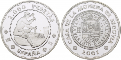 Испания 2000 песет 2001 500 лет монетному двору Сеговии, 8 реалов 1588 года, история монетной чеканки KM 1038 серебро PROOF 01-149-25