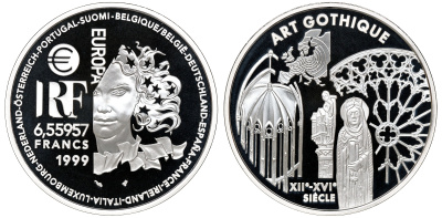 Франция 1 евро = 6,55957 франков 2000 готический стиль в архитектуре (XII-XVI веков) в оригинальной коробке, с сертификатом KM 1246 серебро PROOF 4-3-3-11