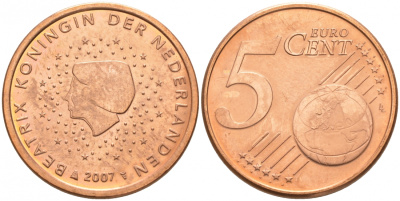 НИДЕРЛАНДЫ 5 ЕВРОЦЕНТОВ 2007 KM 236 сталь плакированная медью UNC 186-242