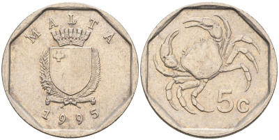 Мальта 5 центов 1993 краб KM 95 медно-никель 4588-126