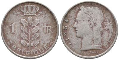 БЕЛЬГИЯ 1 ФРАНК 1954 BELGIQUE KM 142.1 медно-никель 4364-3554