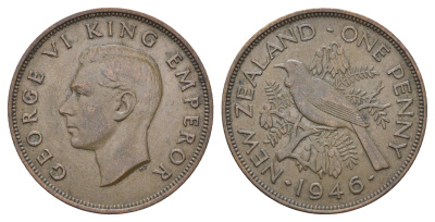 Новая Зеландия 1 пенни 1946 Георг VI (1936-1952), новозеландский туи KM 13 бронза    4403-1232