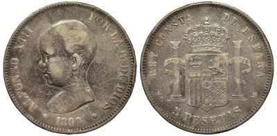 Испания 5 песет 1890 MP-M, Альфонсо XIII (1886-1931) KM 689 серебро 1525-235