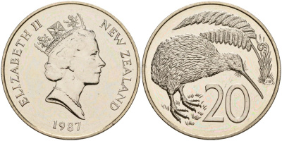 Новая Зеландия 20 центов 1987 Елизавета II (1952-2022), птичка киви KM 62 медно-никель PROOF 3711-1412