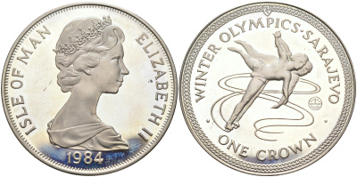 Остров Мэн 1 крона 1984 Зимние Олимпийские игры 1984 года в Сараево, парное фигурное катание KM 117a серебро PROOF 02-104-42