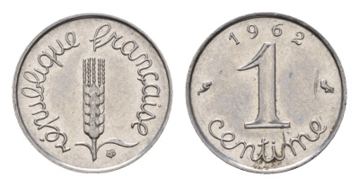 Франция 1 сантим 1962 KM 928 нержавеющая сталь UNC 4630-213