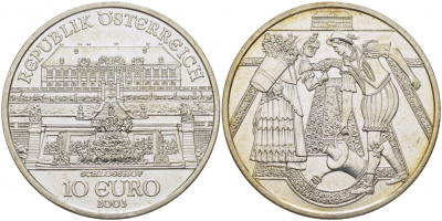 Австрия 10 евро 2003 дворец Шлосс Хоф, крестьяне KM 3103 серебро PROOF 00-000-00