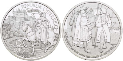Австрия 10 евро 2009 серии сказки и легенды, Ричард Дьвиное сердце в Дюрнштайне KM 3180 серебро PROOF 1068-10-11