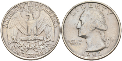 США 25 центов (квотер) 1992 P, Вашингтон KM 164a медь плакированная медно-никелем 190-414