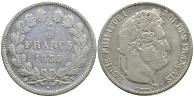 Франция 5 франков 1835 I, Луи Филипп I (1830-1848) KM 749.6 серебро 1066-6-22