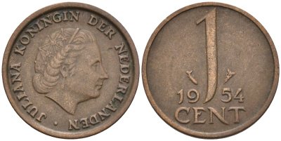 Нидерланды 1 цент 1954 Юлиана (1948-1980) КМ 180 бронза    4174-546
